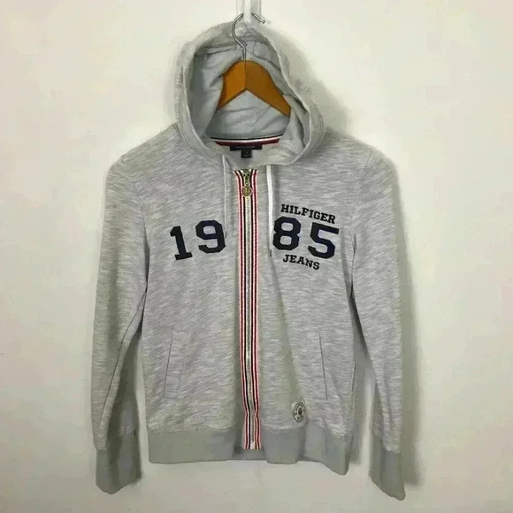 TOMMY HILFIGER 85 Gray Blue Red Small Full Zip Cotton Blend Hoodie Jacket - Picture 2 of 9